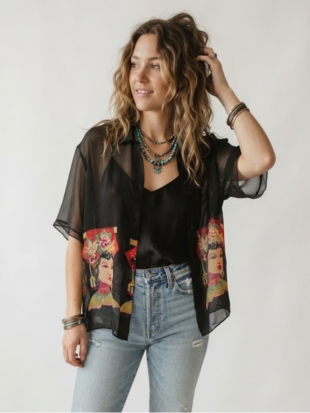 Vintage Harari 100% Silk Art Print Sheer Y2K Button-Down Top Size M L Boho Indie
